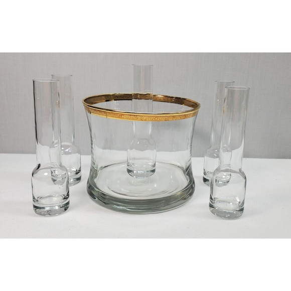 Flared Ice Bucket on Heavy Base w/ Five Contemporary Liquor Cordials Gold Rim - Picture 1 of 7